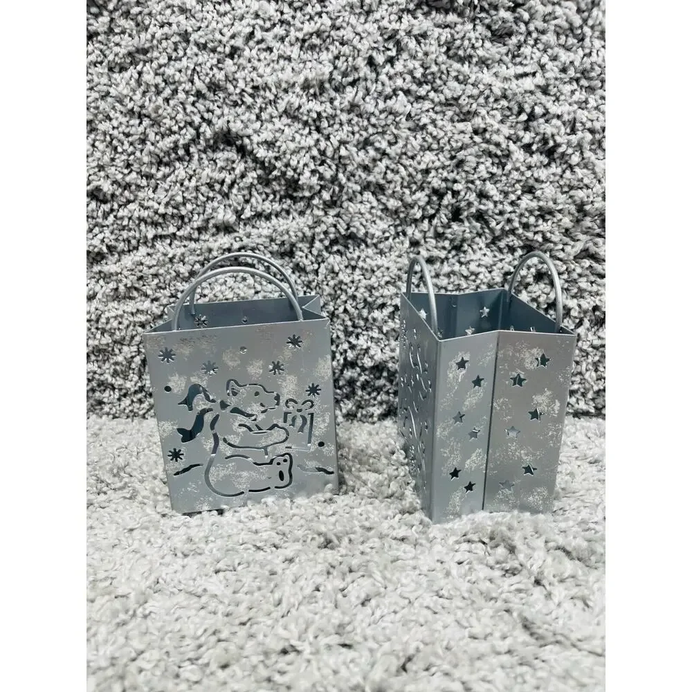 Lot of 2 Gray Metal Tealight Candle Holder Gift Bag Holiday Bear Reindeer Design